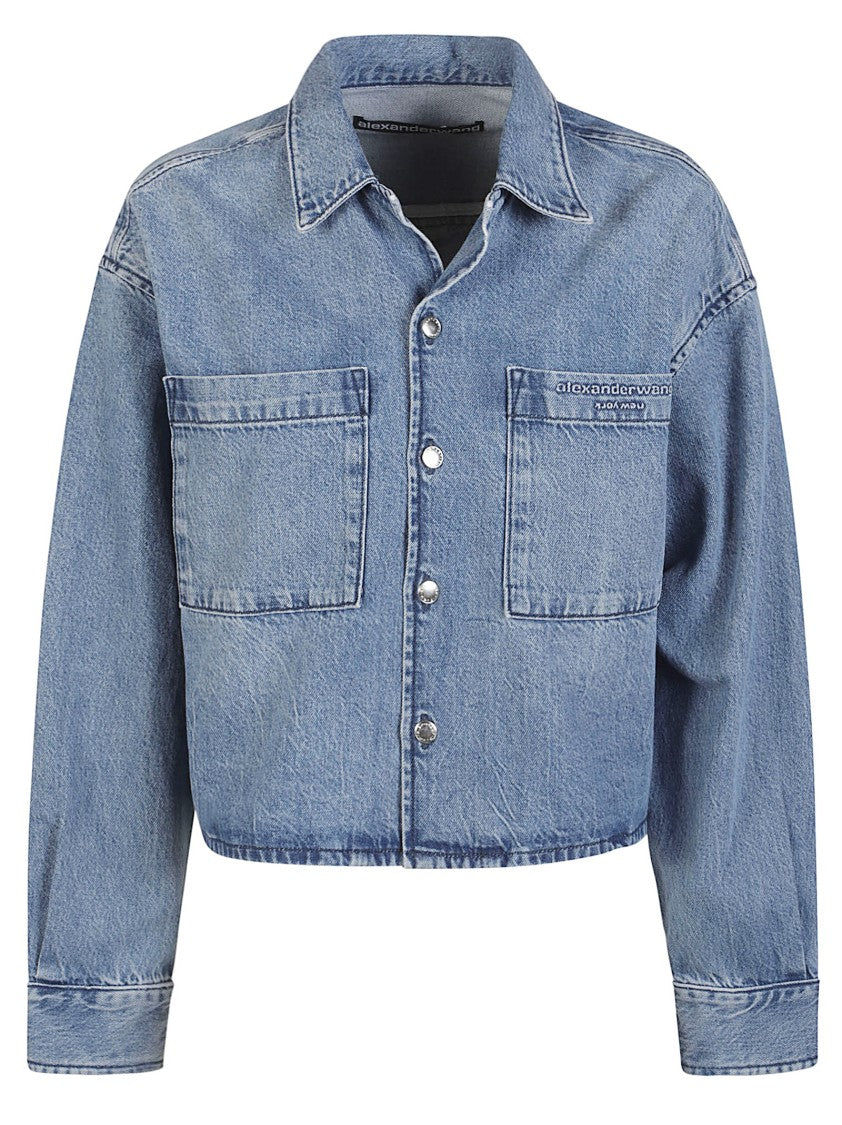 Alexander Wang Cropped Long Sleeve Cotton Denim Shirt