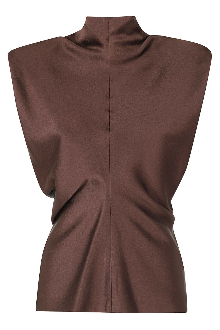 Federica Tosi Dark Brown Padded Straps Pleated Front Acetate-Blend Blouse