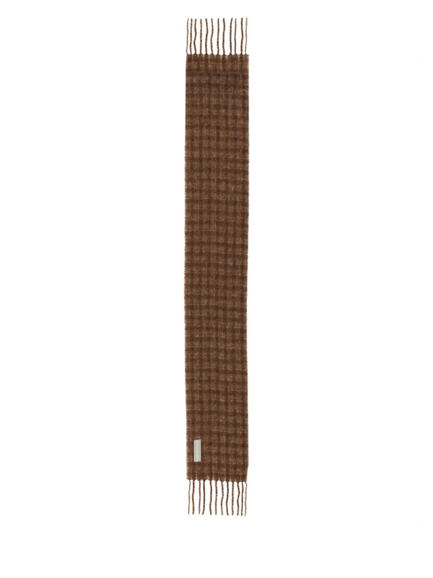 Our Legacy Textured Brown Scarf With Fringed Ends And Subtle Checkered Pattern