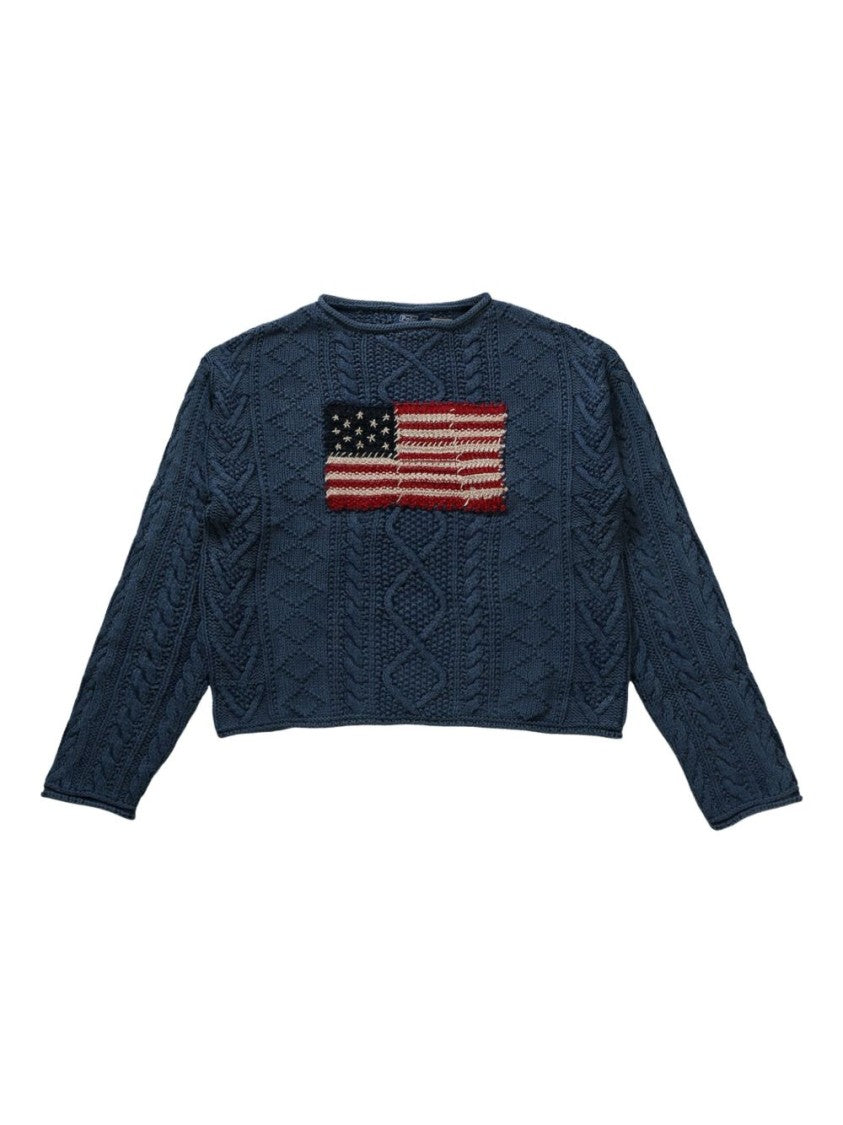 Polo Ralph Lauren Navy Blue Cable Knit Sweater With Embroidered Flag Design
