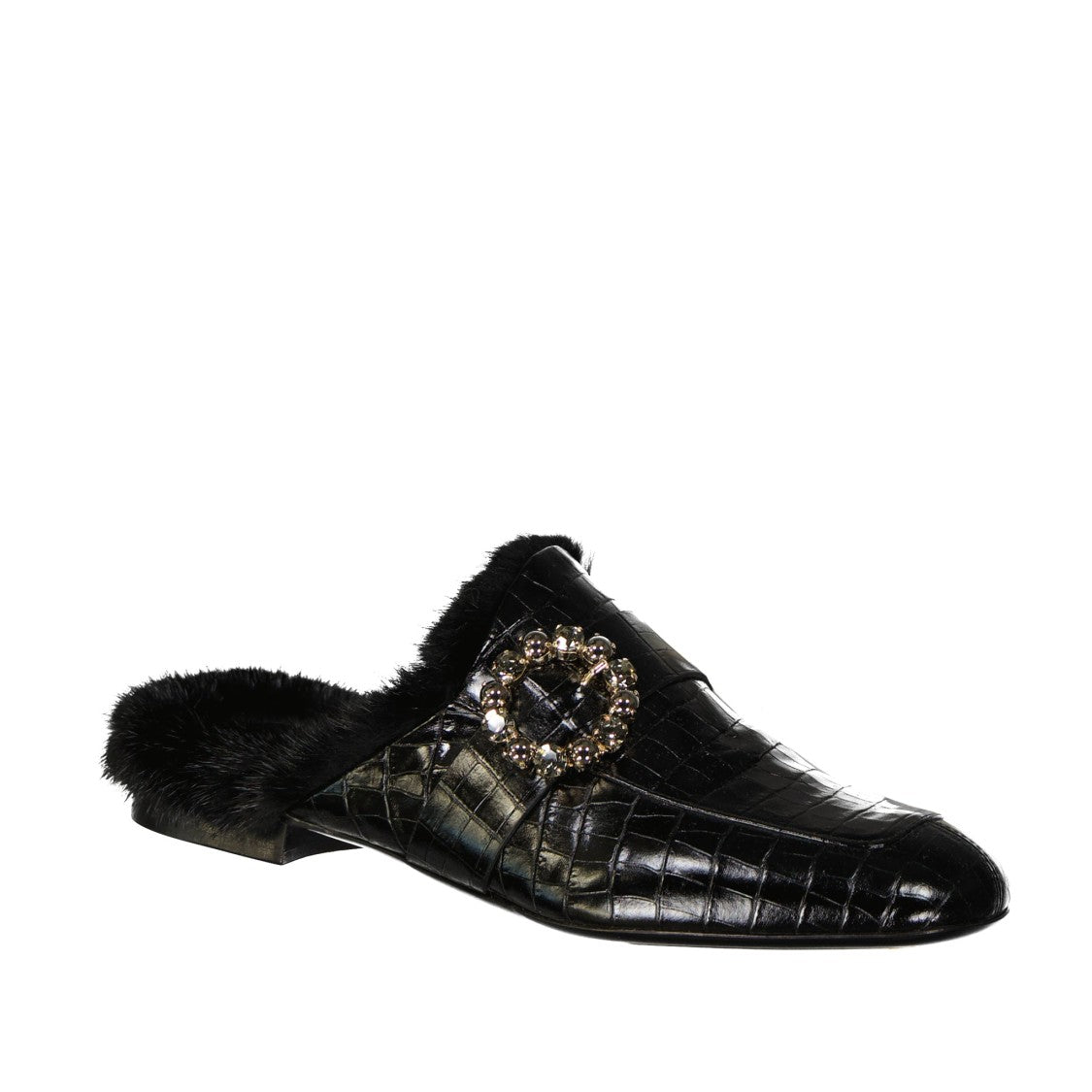 Eleventy Croc-Embossed Leather Mules With Plush Fur Lining