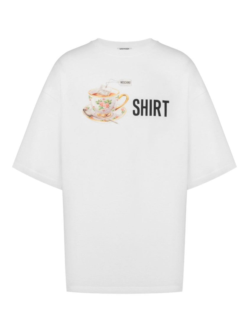 Moschino White Tea Cup Graphic Dropped T-Shirt