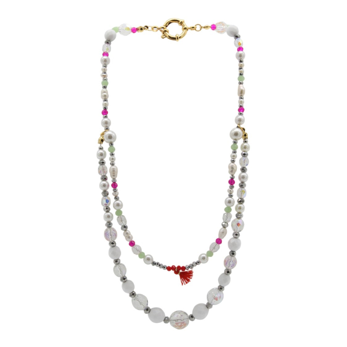 Fuerte Double-Layered Beaded Necklace With Gold-Tone Clasp And Tassel Detail