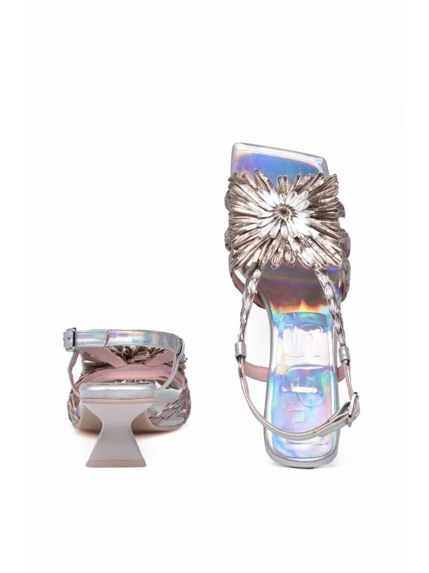 Ras Silver Textured Floral Raffia Heels