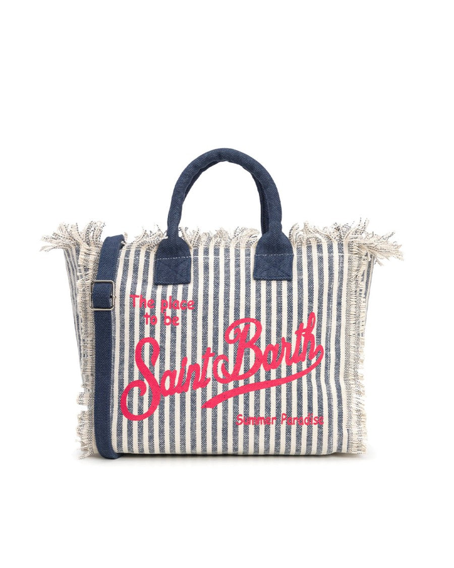 Mc2 Saint Barth Striped Canvas Tote Bag With Fringed Edges And Bold Logo