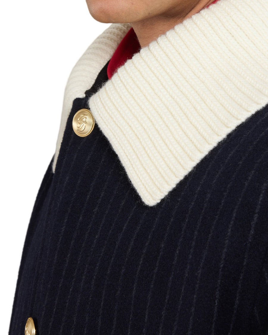 Drôle De Monsieur Dark Navy Striped Double-Sided Wool-Blend Coat
