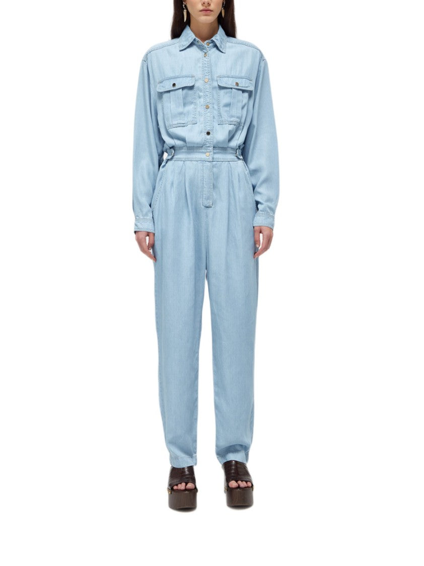 Blugirl Light Denim Lyocell Jumpsuit With Shirt Collar And Delicate Brooch
