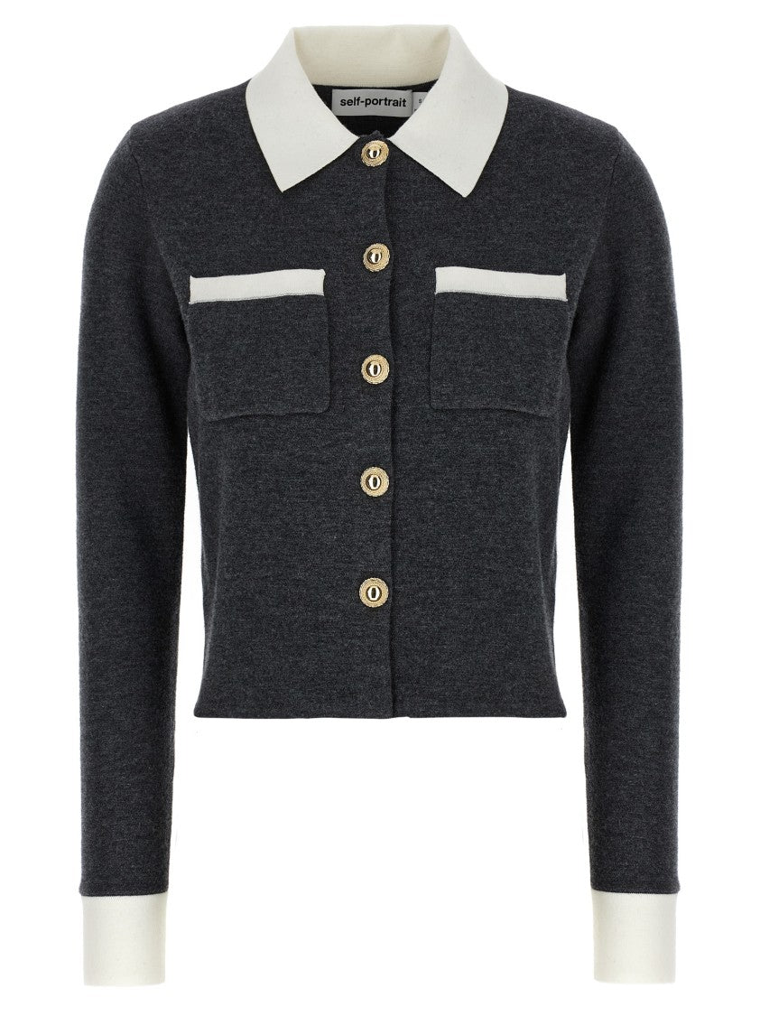 Self-Portrait Grey Contrast Collar' Cardigan