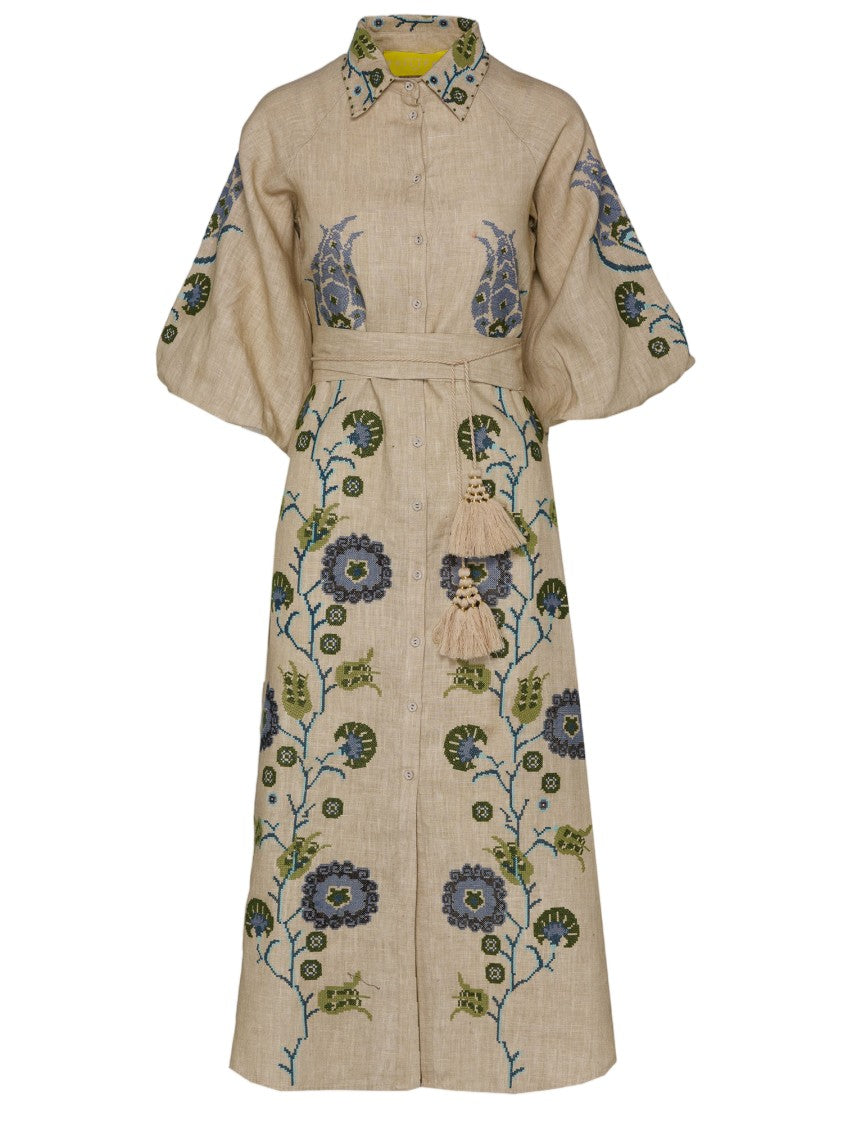 Philippa 1970 Renee Linen Dress With Floral Embroidery