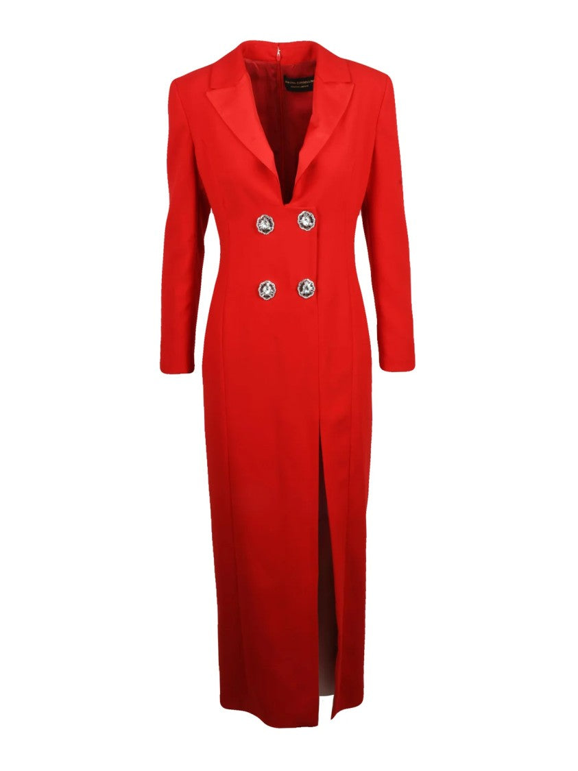 Simona Corsellini Red Polyester Jewel Button Slit Long Dress