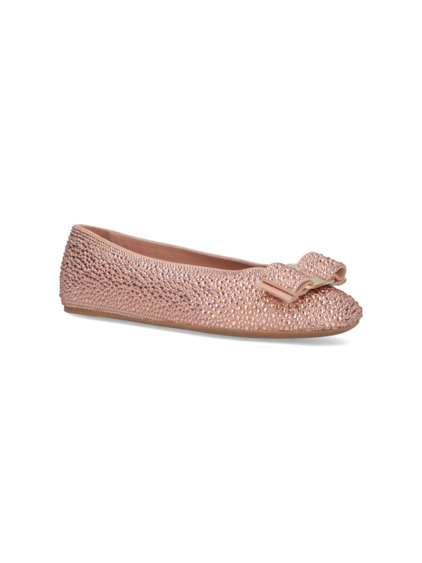 Ferragamo Pointed Toe Pink Flats With Sparkling Embellishments