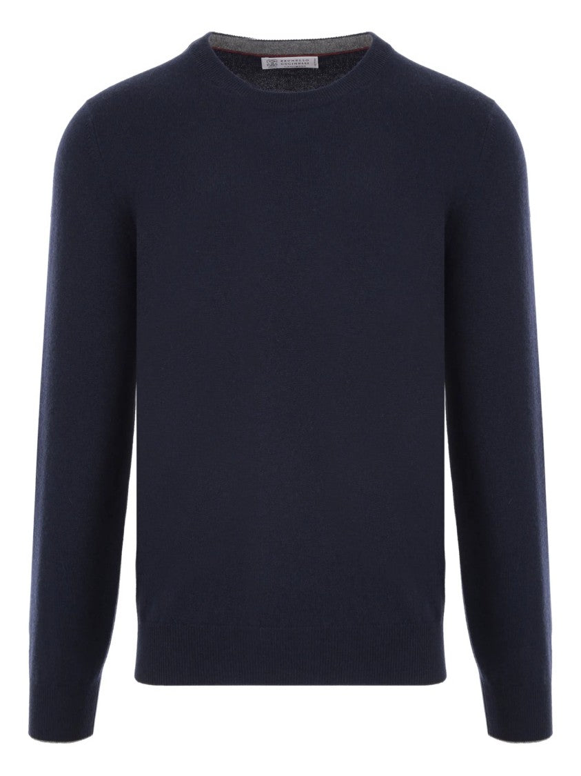 Brunello Cucinelli Deep Blue Cashmere Ribbed Crewneck Sweater