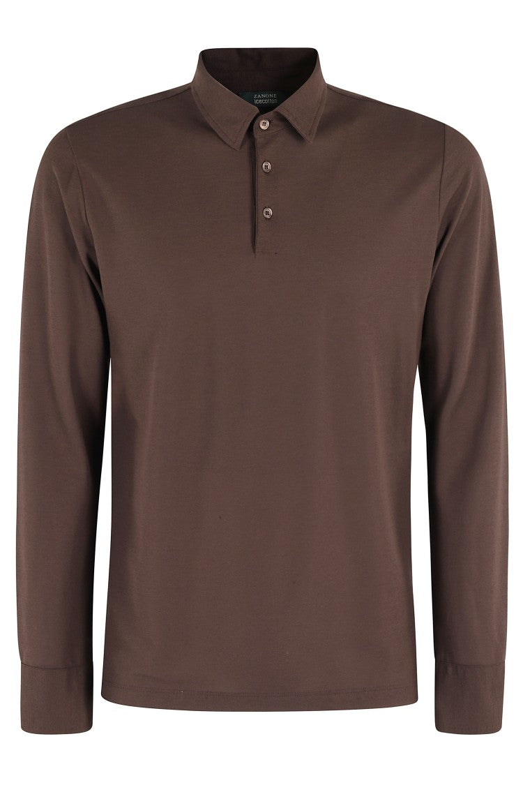 Zanone Brown Ice Cotton Long-Sleeved Polo With Classic Collar