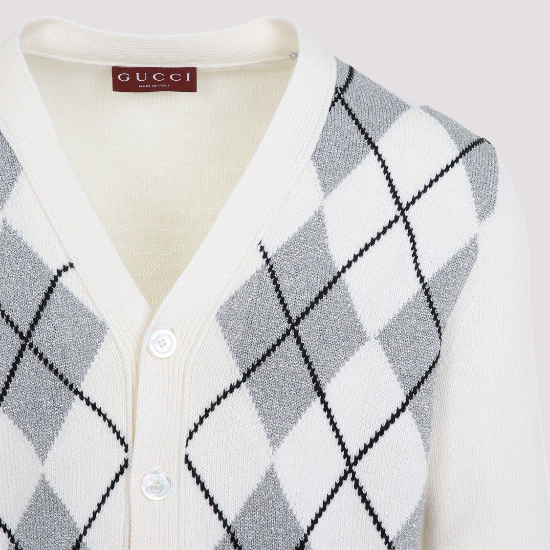 Gucci Argyle Lurex White And Silver Wool Cardigan