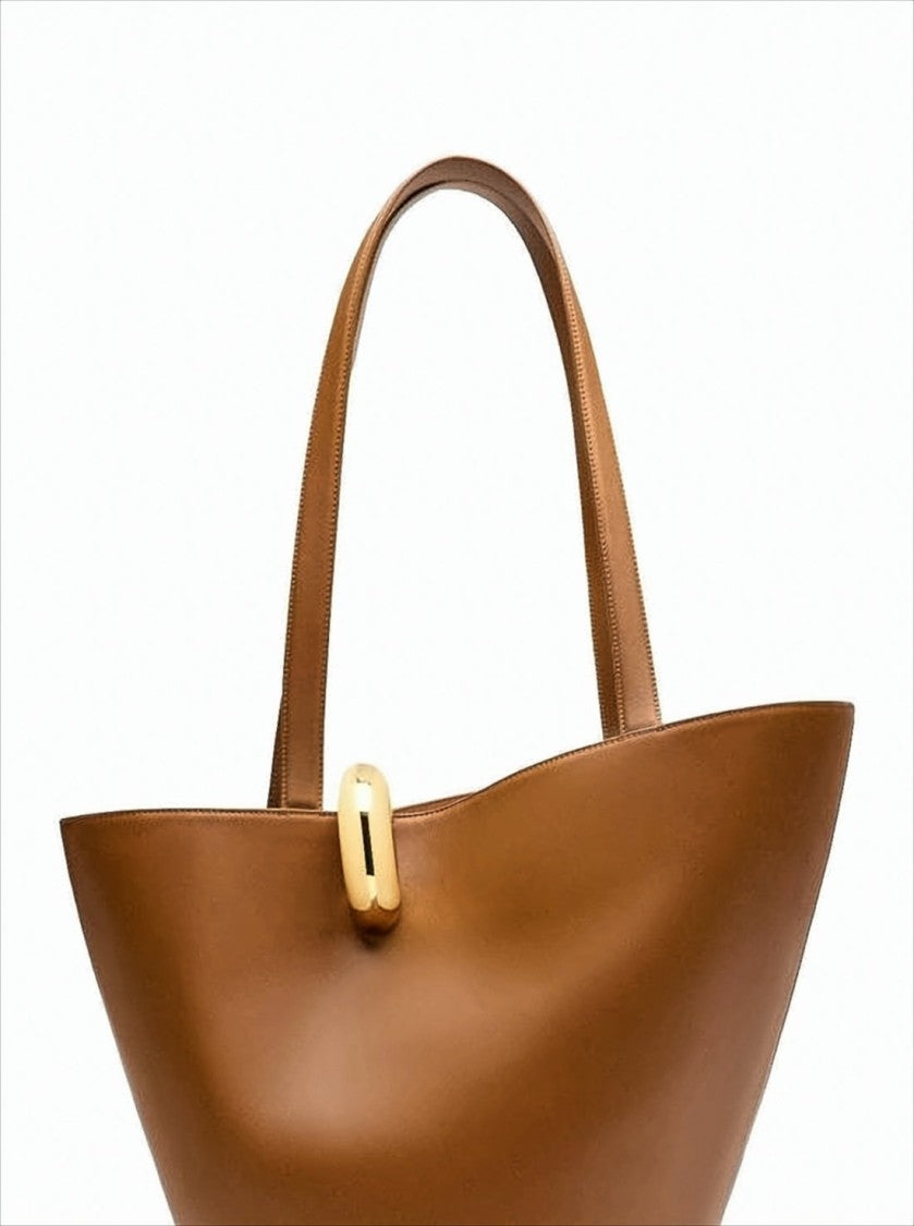 Jacquemus Structured Brown Cow Leather Tote Bag With Gold-Tone Clasp