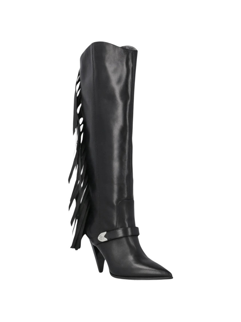 Pinko Knee-High Fringe Boots With Pointed Toe And Angled Heel