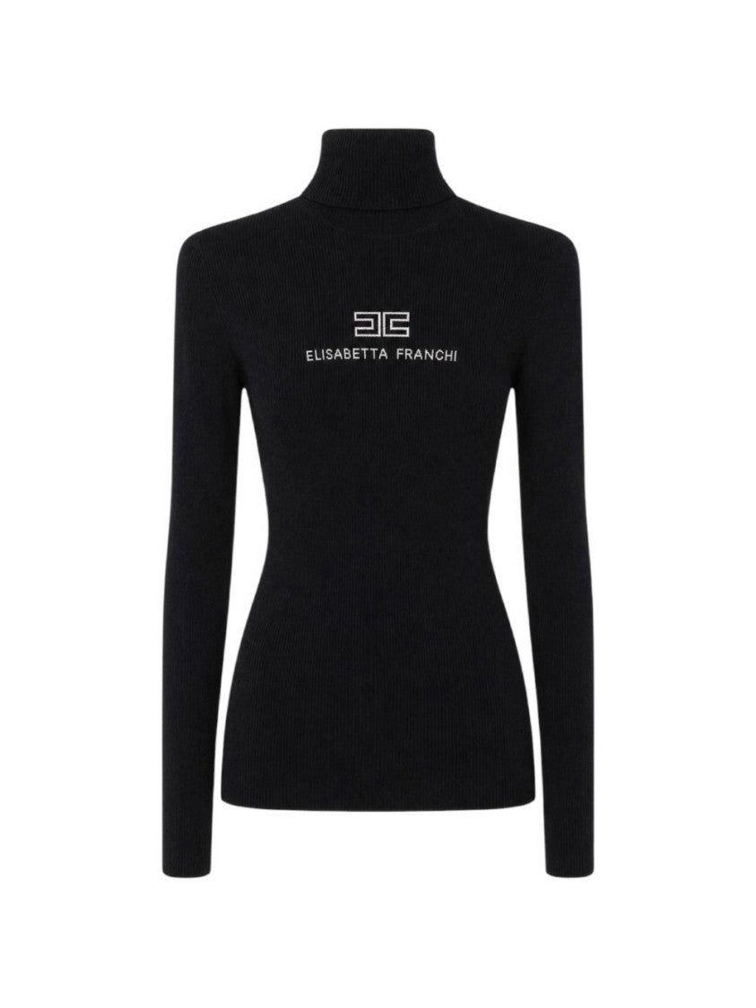 Elisabetta Franchi Black Ribbed Long-Sleeve Turtleneck Top