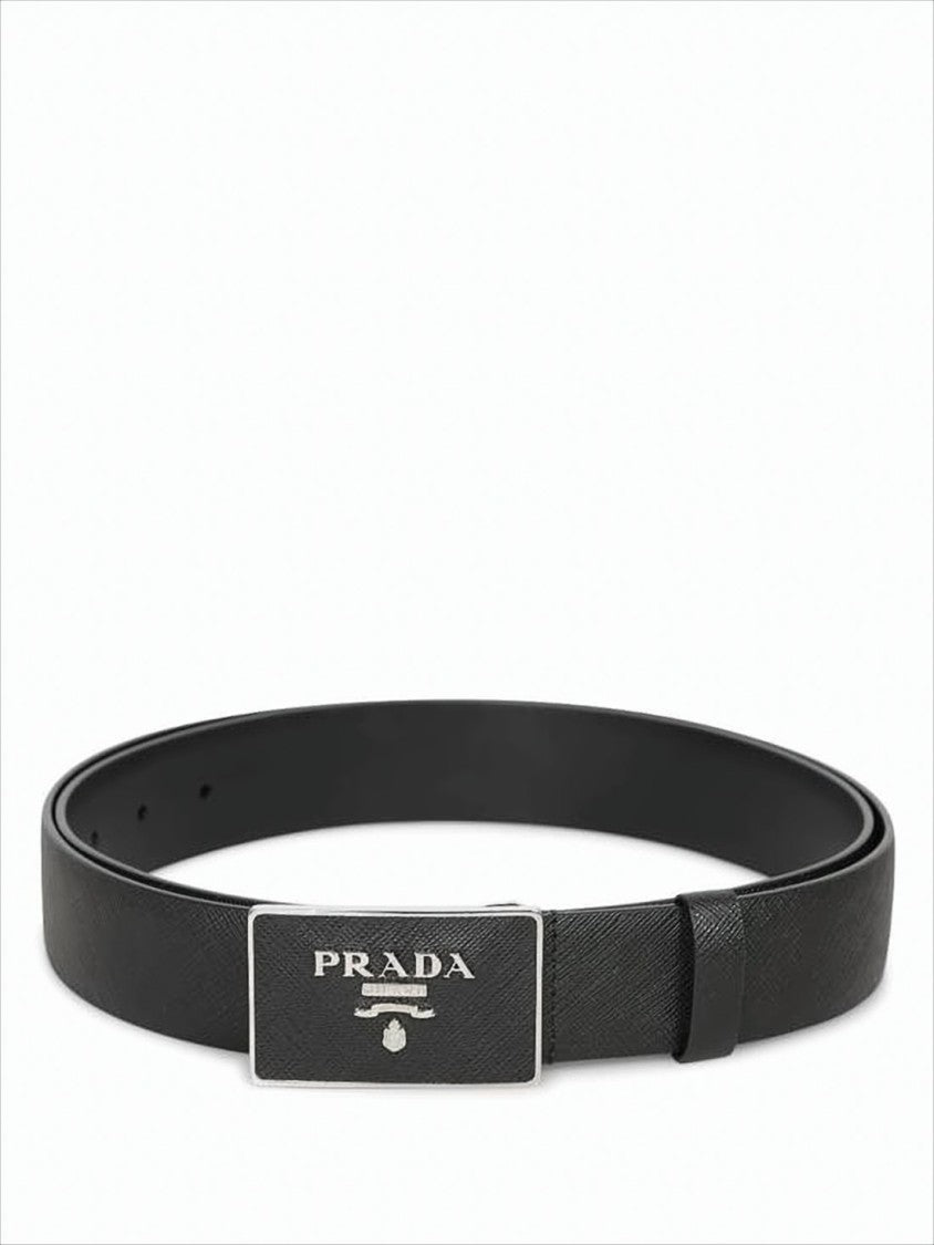 Prada Textured Black Leather Belt With Engraved Metal Buckle