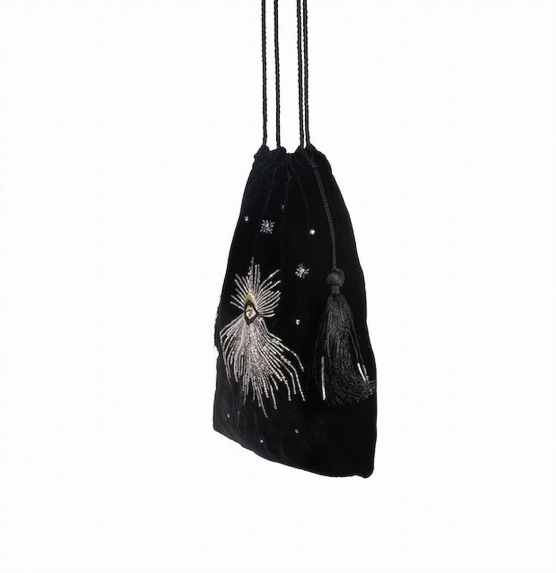 Hamoulet Black Velvet Drawstring Bag With Intricate Silver Embroidery