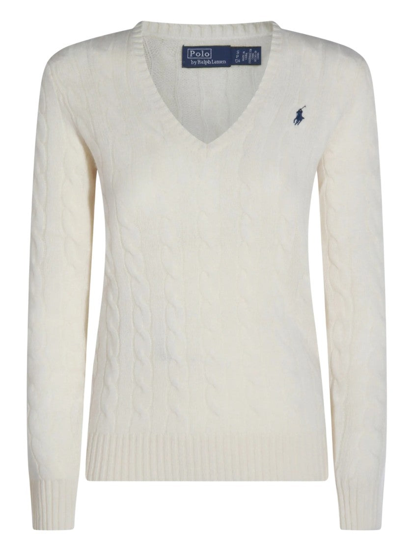 Polo Ralph Lauren White Cable-Knit Ribbed V-Neck Sweater