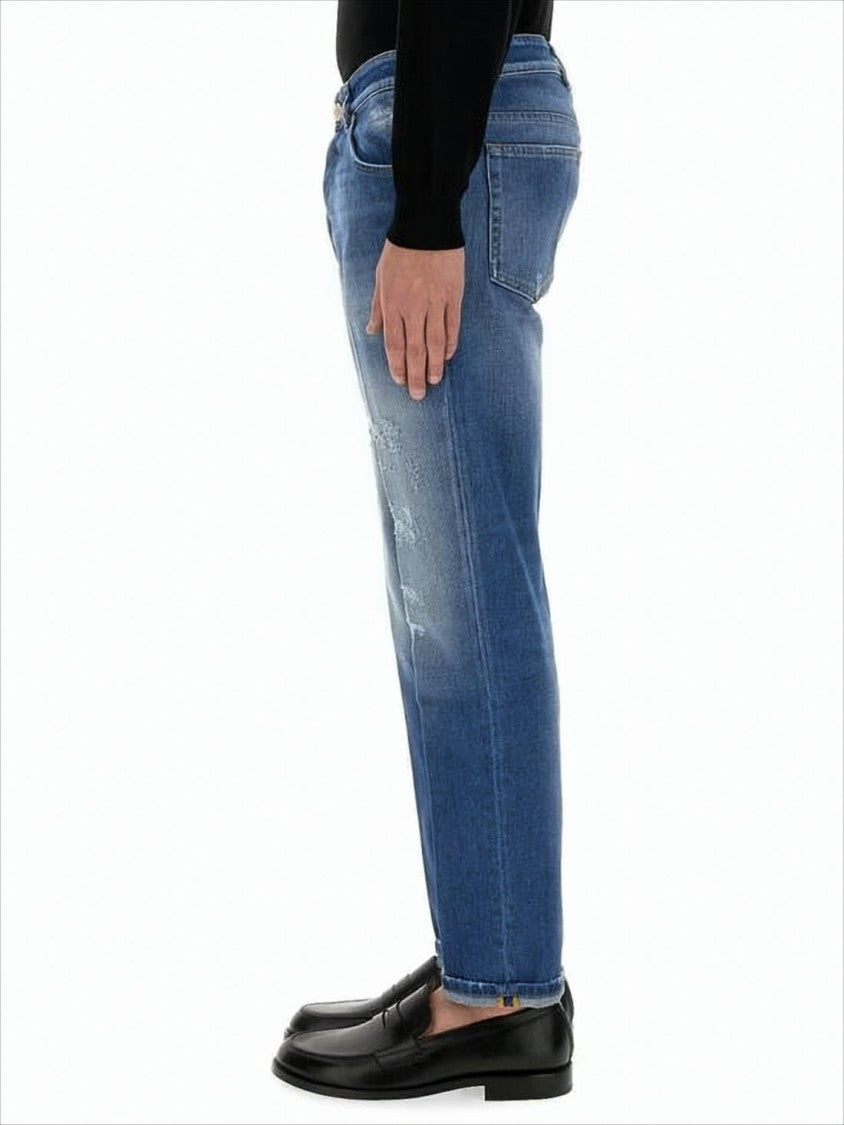 Pt Torino Medium Blue Wash Denim Trousers With Tapered Leg And Distressed Details