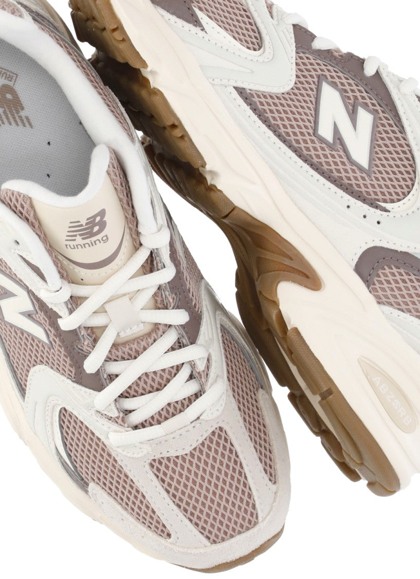 New Balance Beige Leather Fabric Raised Rubber Sole Low-Top Sneakers