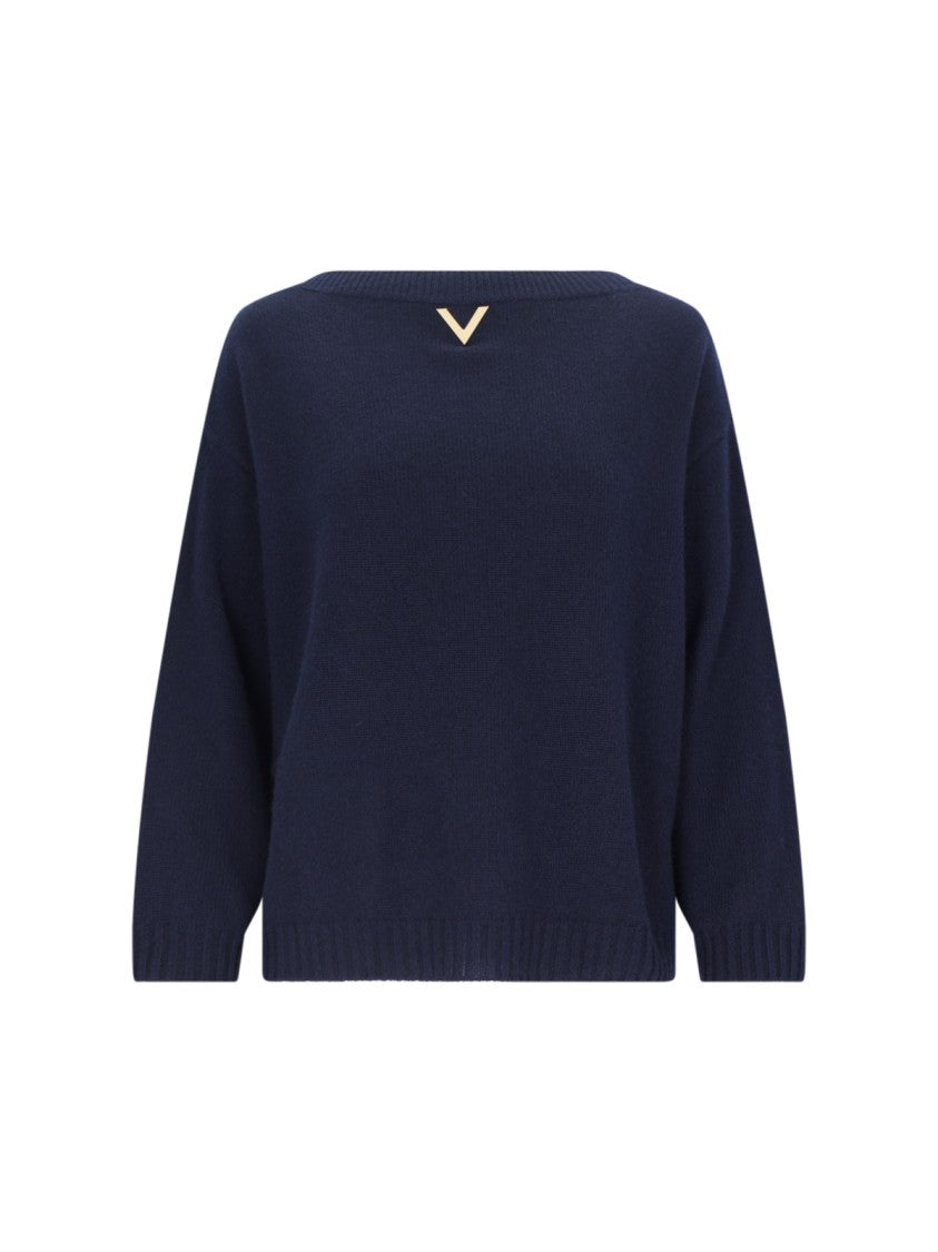 Valentino V Detail' Blue Cashmere Logo Sweater – Blue