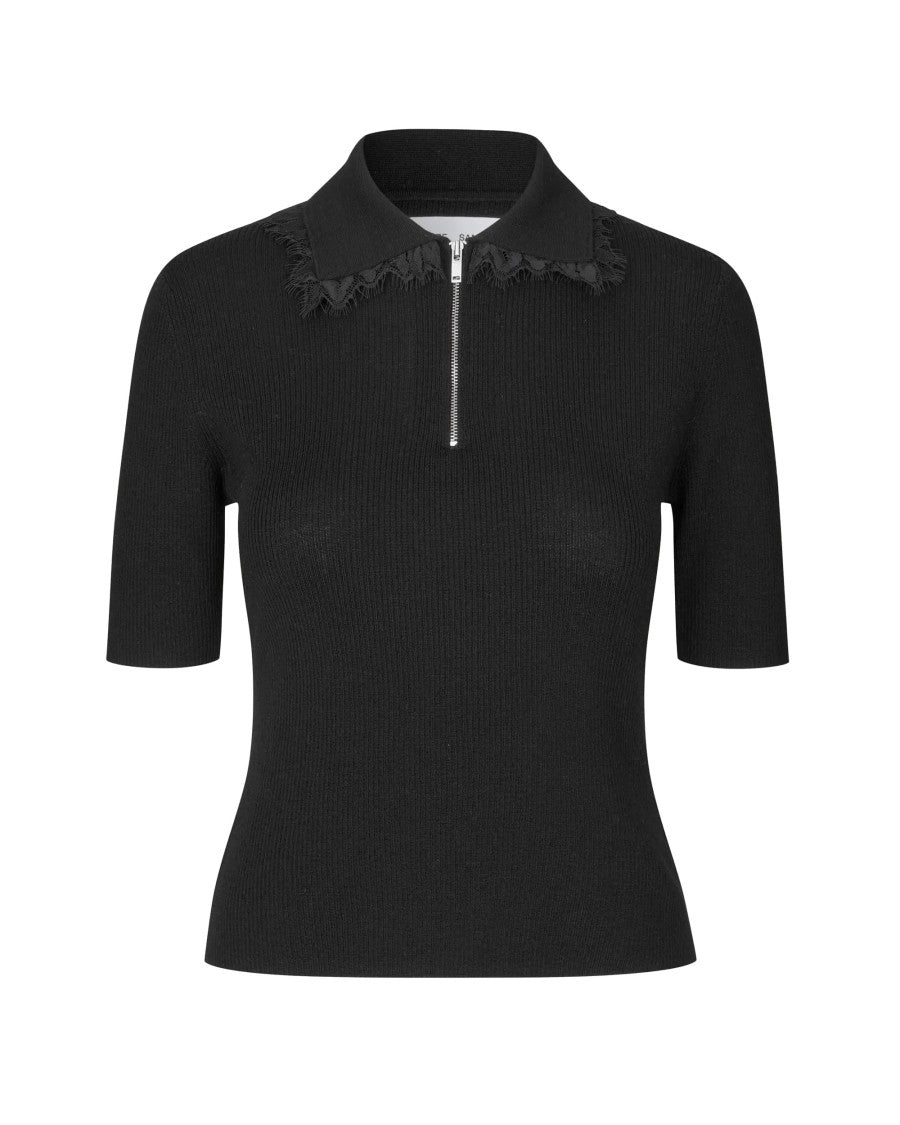 Samsøe Samsøe Black Sanelly Ribbed Lace-Trim Polo Shirt