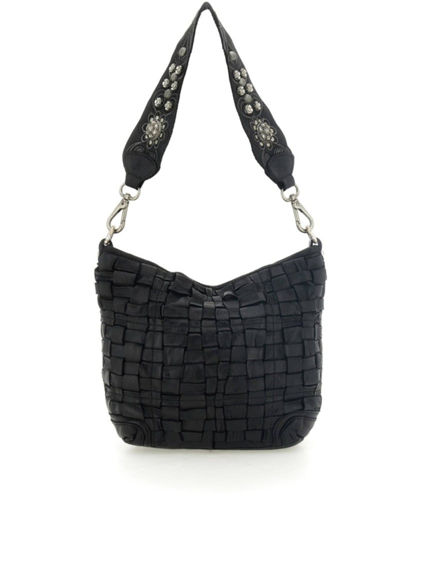 Campomaggi Textured Black Handbag With Floral Embellishments