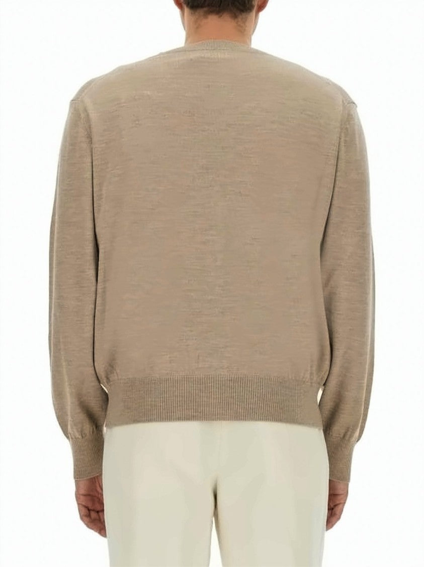 Ami Paris Merino Wool Cardigan With V-Neck And Emblem