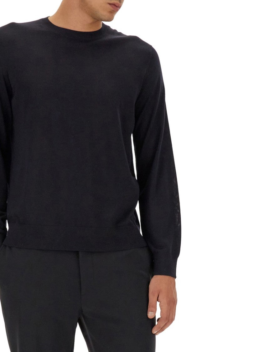 Theory Round Neck Black Wool Sweater With Ribbed Hem