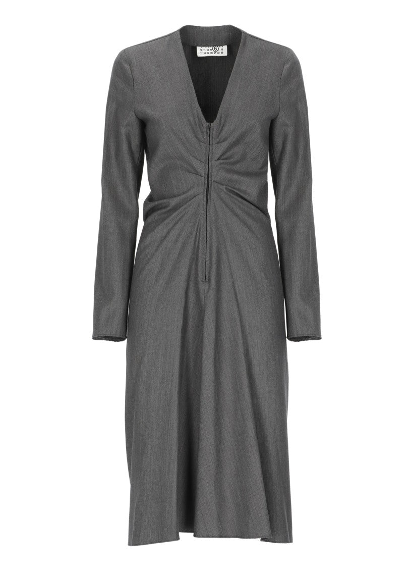 Mm6 By Maison Margiela Grey Tailored V-Neck Front Zip Midi Dress