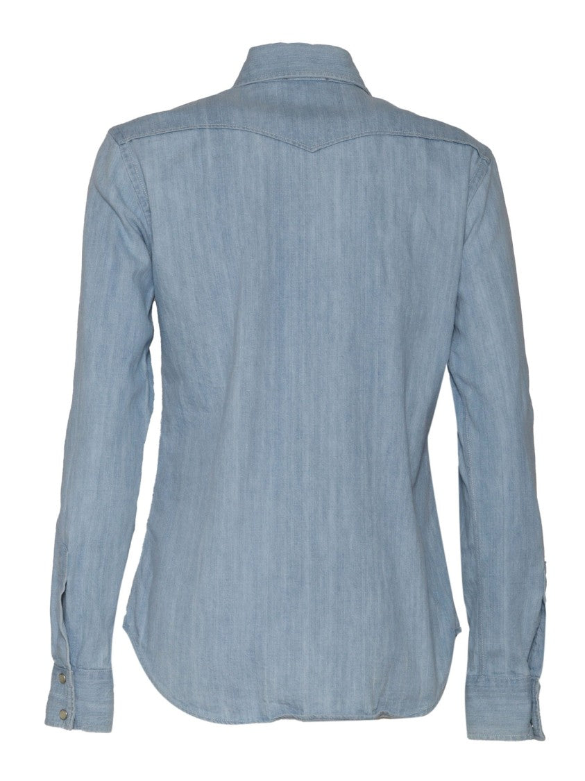 Mazzarelli Camicie Light Wash Denim Shirt With Curved Hem