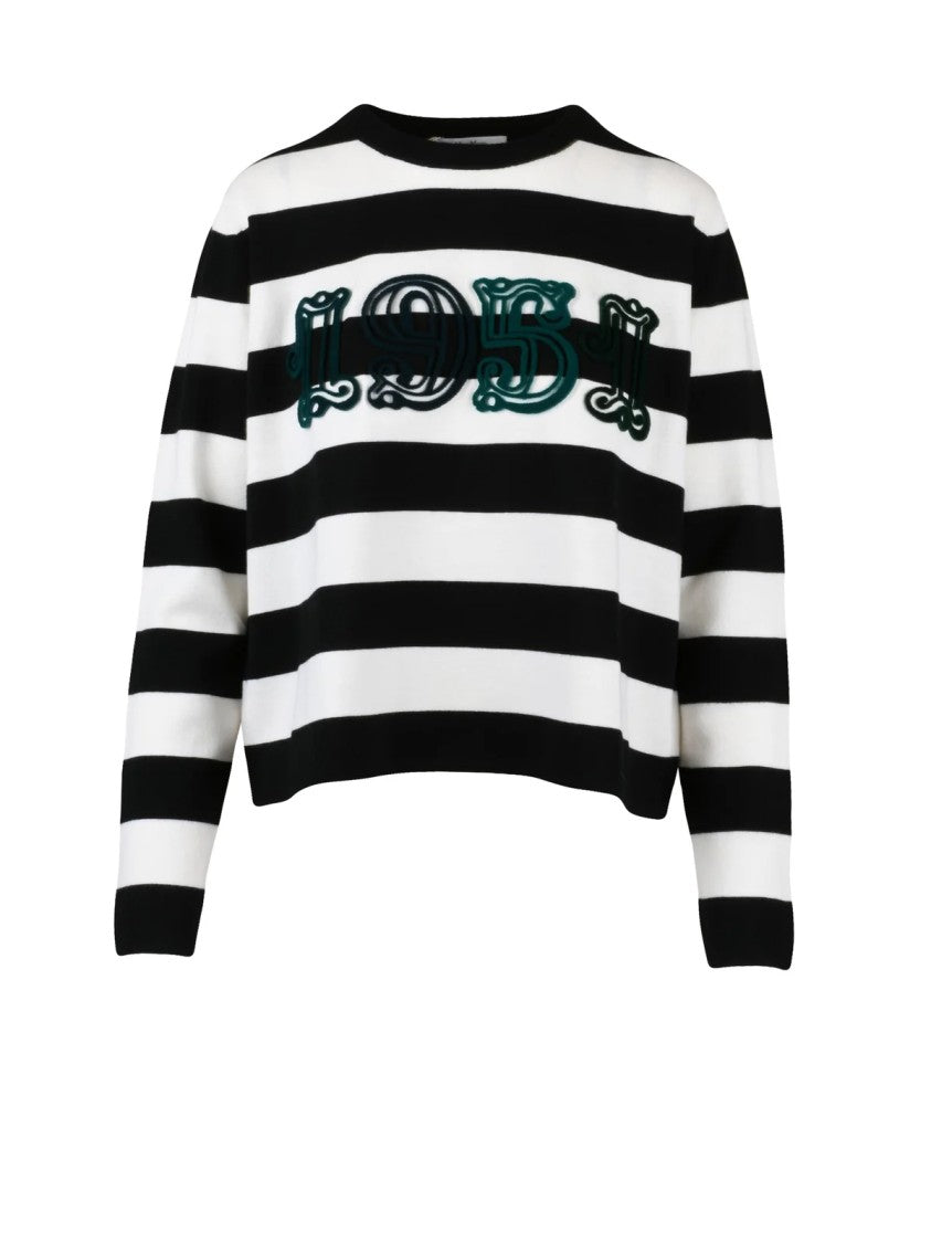 Max Mara Cropped Black And White Striped Viterbo Sweater With Vintage Embroidery