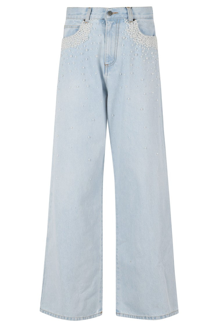 Giuseppe Di Morabito Light Blue Pearl Pearl-Applique High-Waist Cotton Jeans