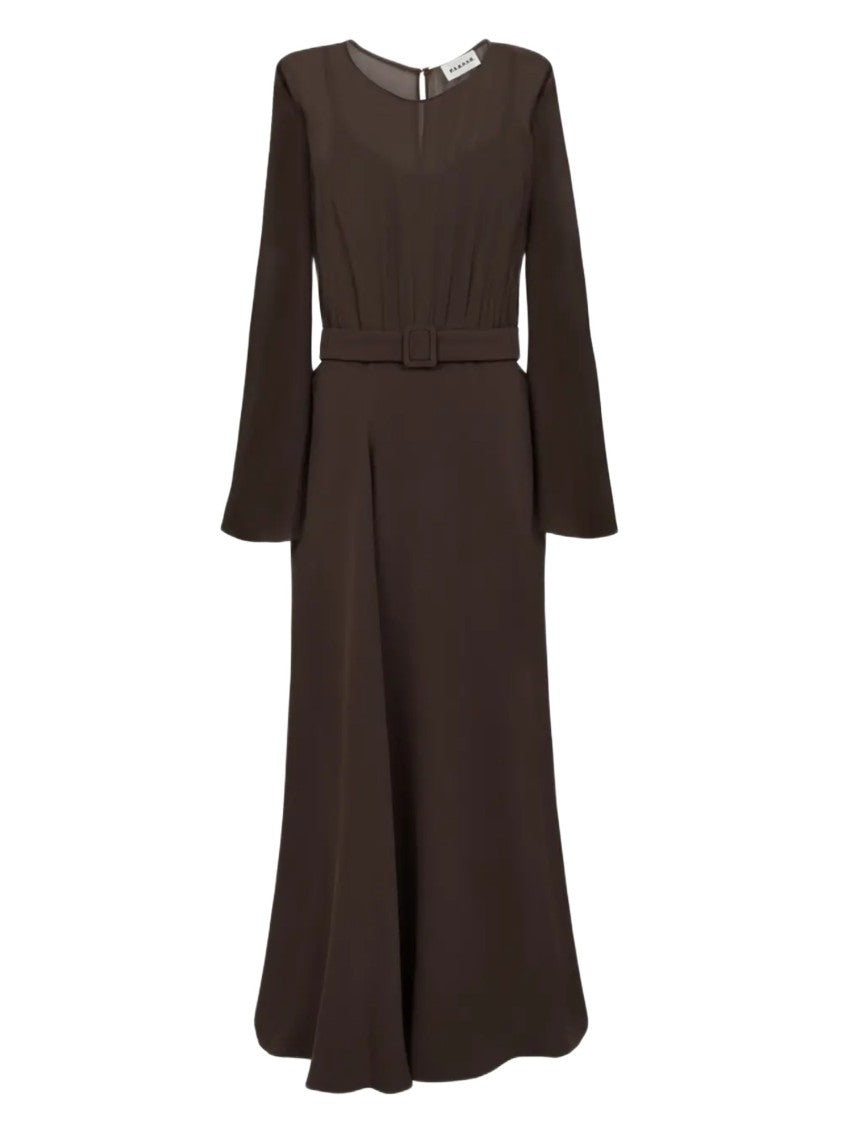 Parosh Flowing Maxi Dress With Sheer Sleeves And Belt Detail