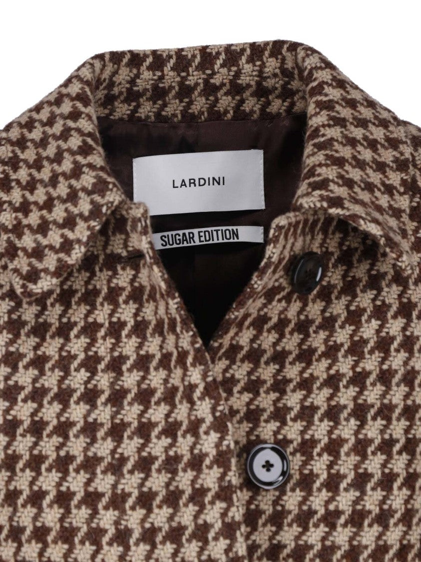 Lardini Brown Wool-Blend Houndstooth Belted Coat