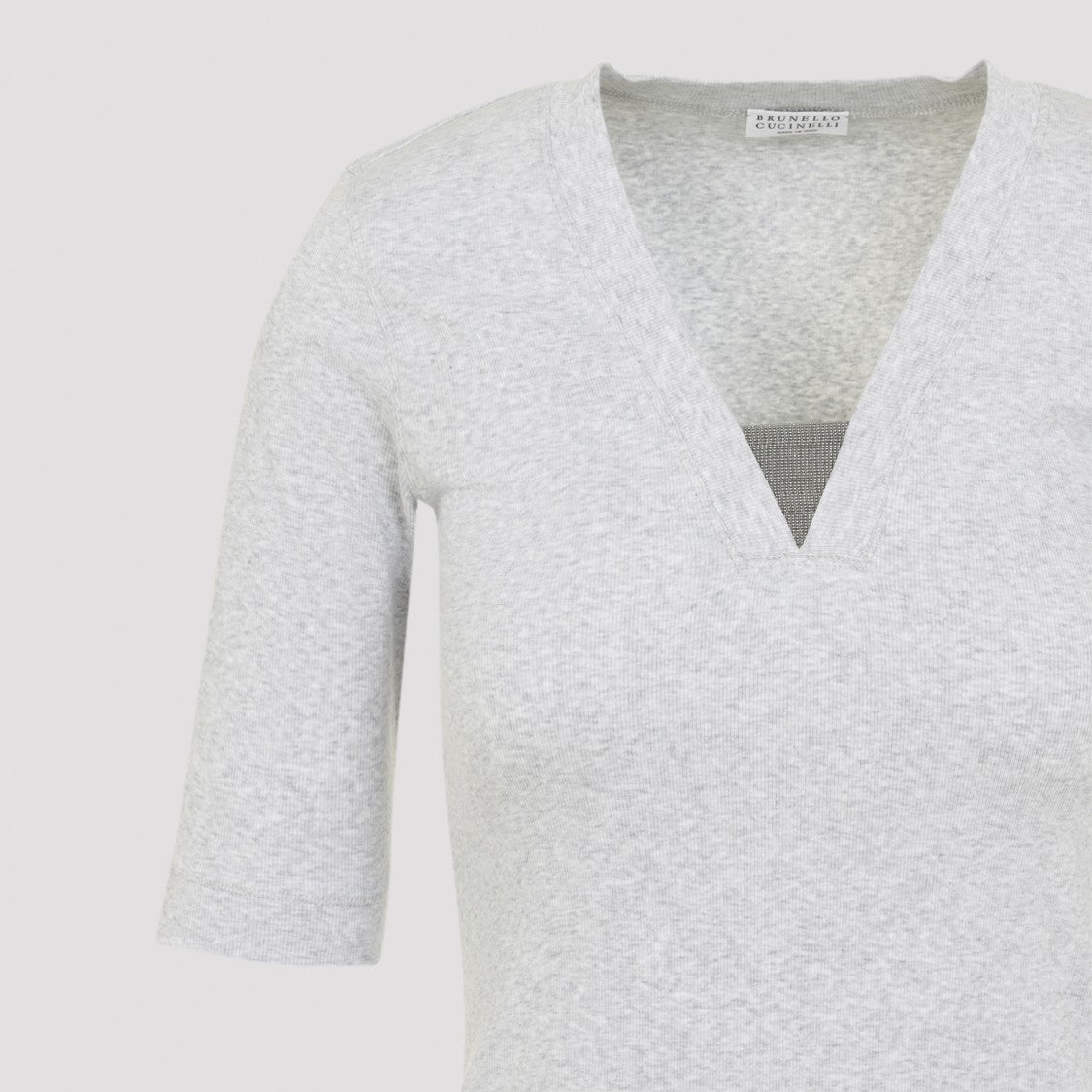Brunello Cucinelli Heathered Grey Fitted T-Shirt With Deep V-Neck