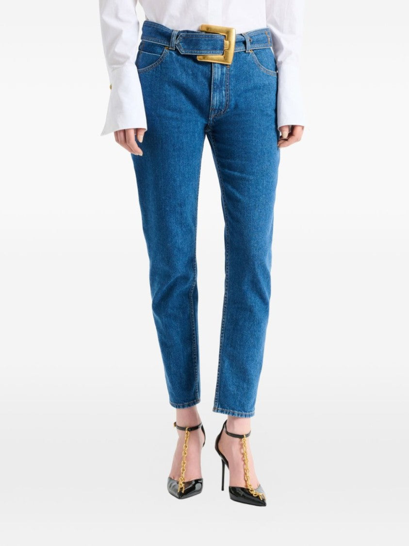 Balmain Straight-Leg Denim Jeans With Oversized Gold Buckle Belt
