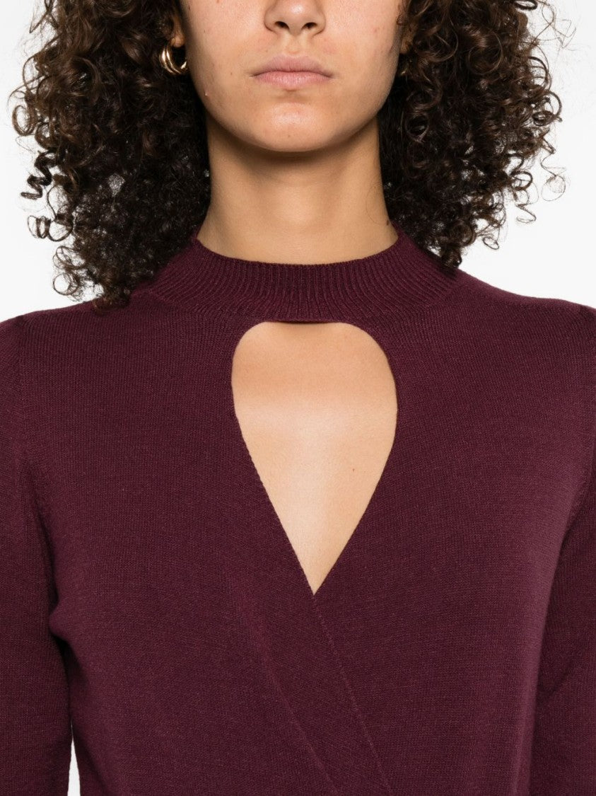 Twin-Set Burgundy Knit Sweater With Keyhole Neck And Ribbed Hem