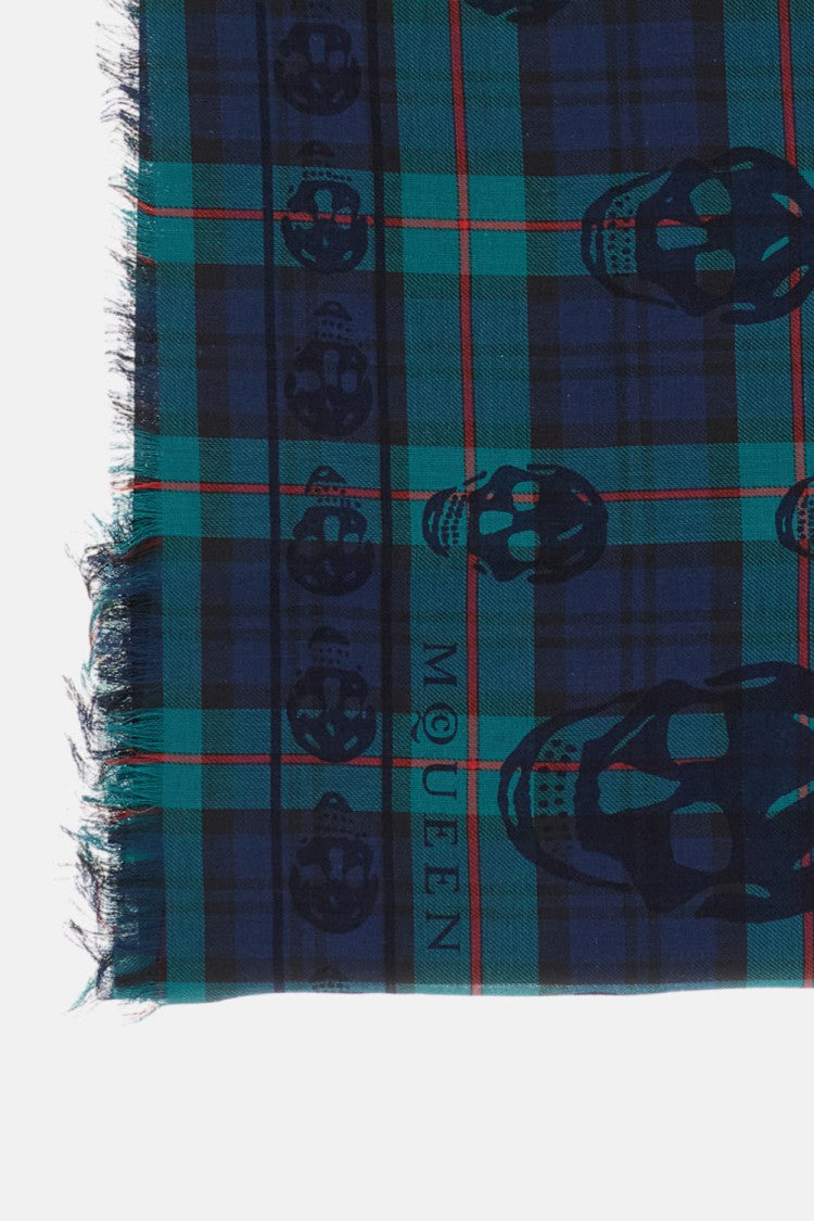 Alexander Mcqueen Tartan Scarf With Printed Skulls And Fringed Edges