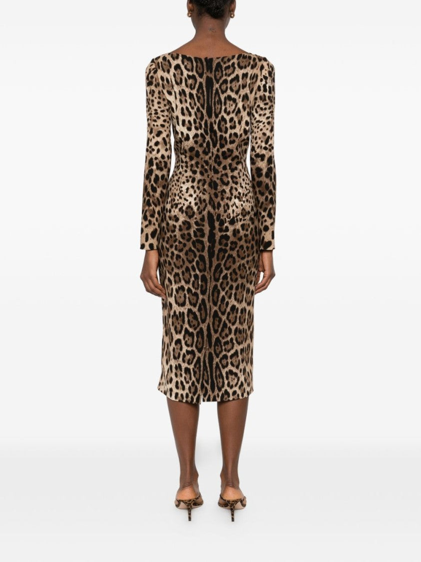 Dolce & Gabbana Leopard Print Square Neck Midi Dress