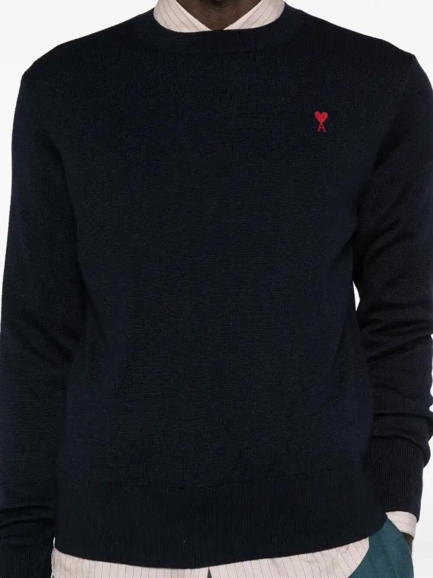 Ami Paris Navy Blue Crew Neck Sweater With Heart Embroidery