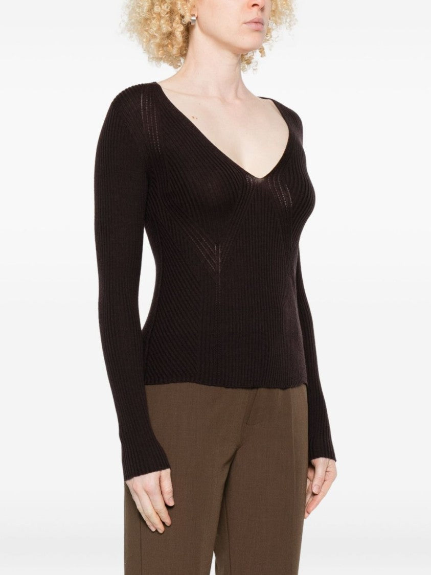 Twin-Set Fitted Brown Wool Sweater With Deep V-Neckline