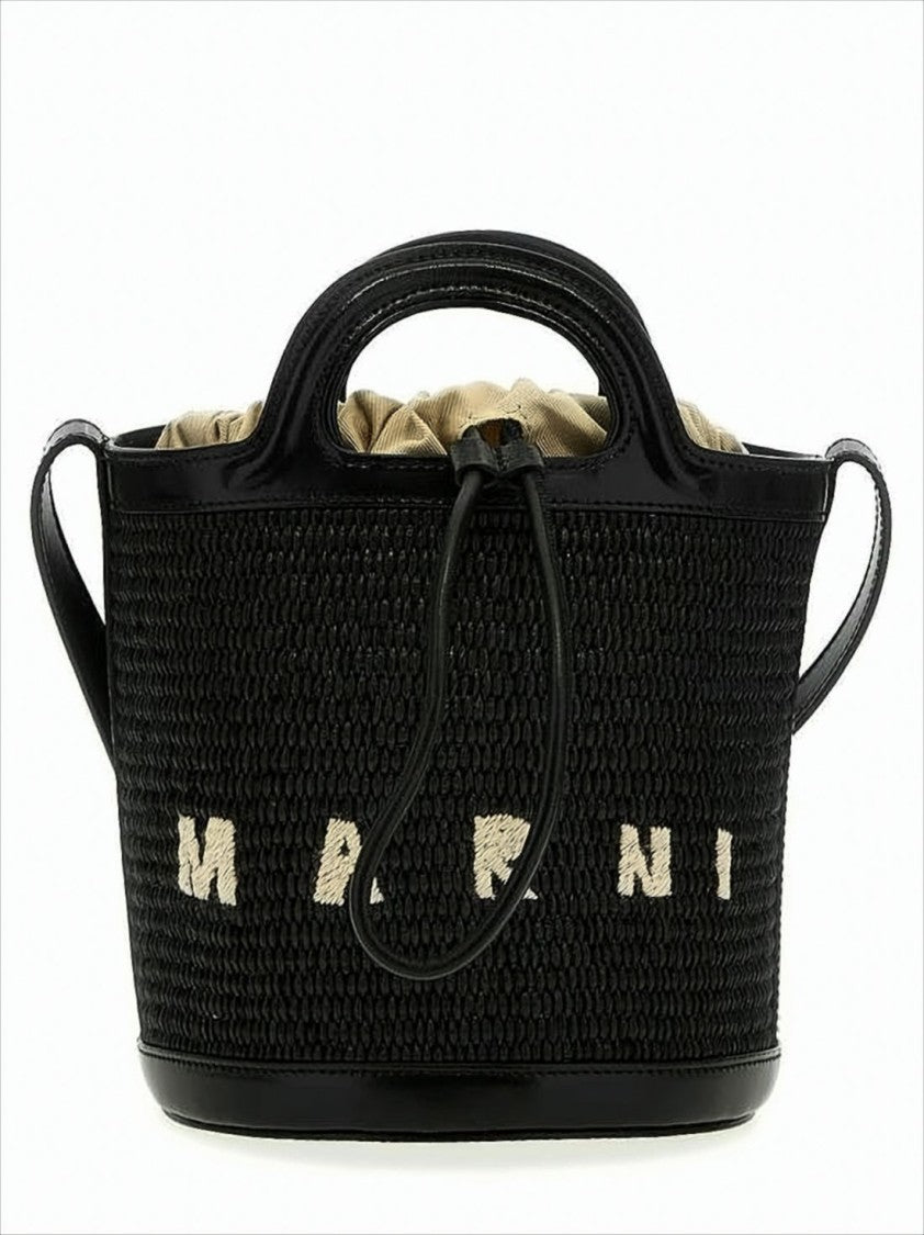 Marni Textured Black Woven Crossbody Bag With Embroidered Detailing