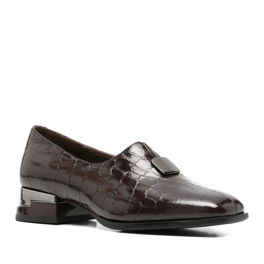 Linda Baumann Brown Crocodile Embossed Buckle Patent Leather Loafers