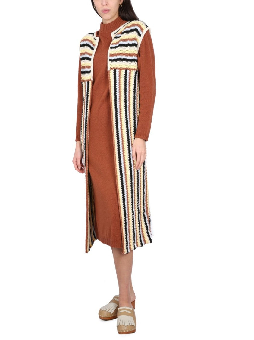 Alysi Open Front Striped Long Vest With Textured Knit
