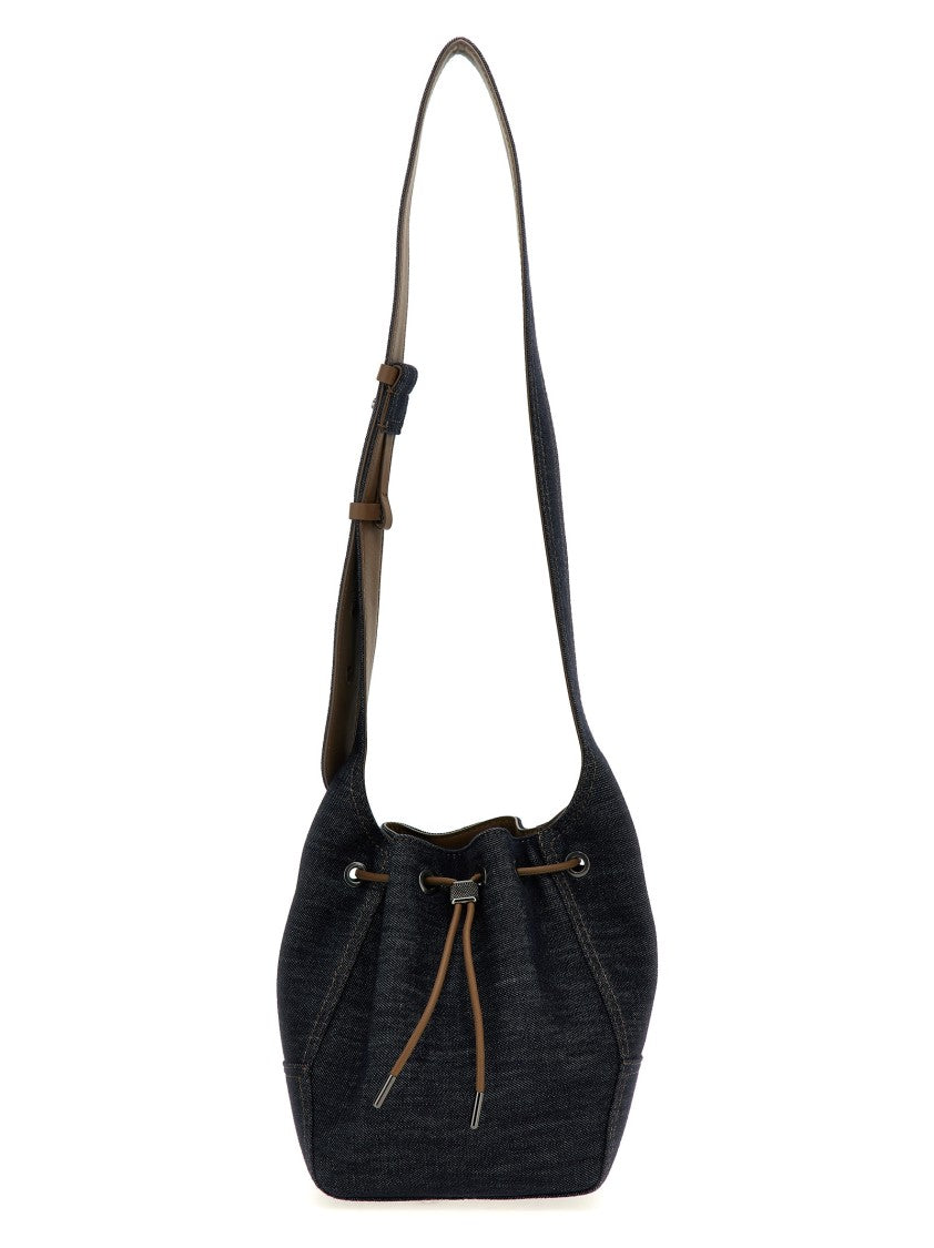 Brunello Cucinelli Cotton Denim Shoulder Strap Bag With Leather Accents And Matching Clutch