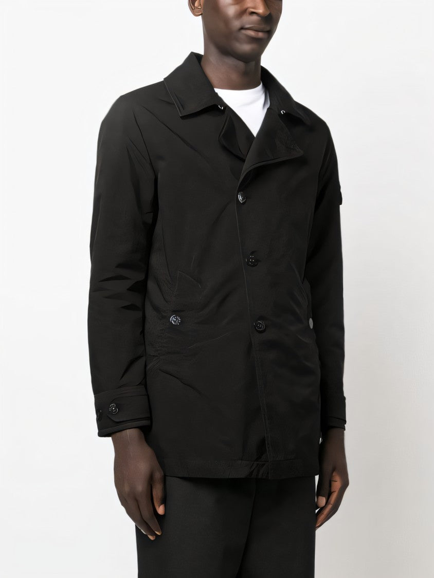Stone Island Structured Black Coat With Button-Up Front