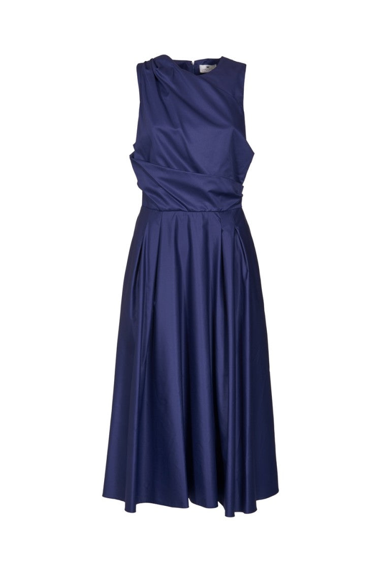 Elisabetta Franchi Blue Sleeveless Draped Cotton Poplin Midi Dress
